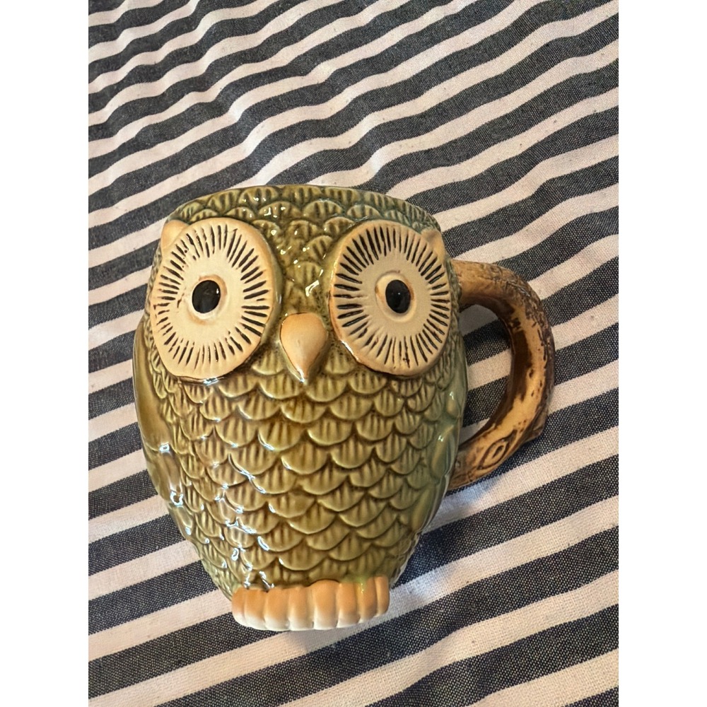 Gibson Home Green Owl Mug 3D Sculptural‎ Ceramic Coffee Cup Wood Branch Handle